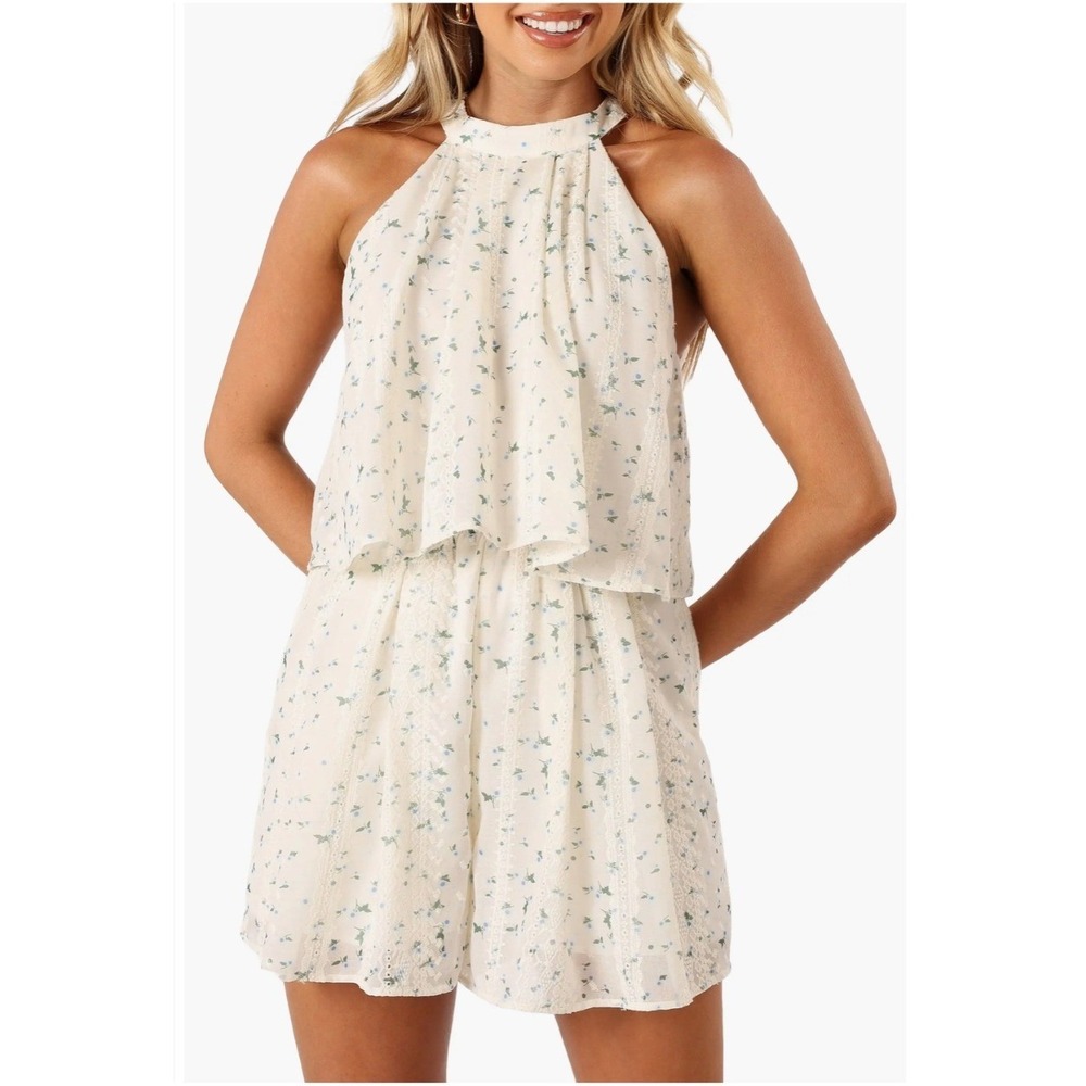 Petal + Pup Mindy Halterneck Playsuit Small Blue Floral Eyelet Romper NEW FLAW